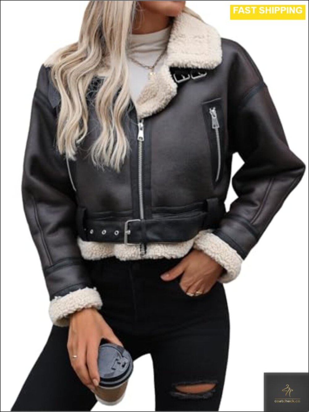 Faux Fur Lined Faux Leather Cropped Bomber Aviator Jacket